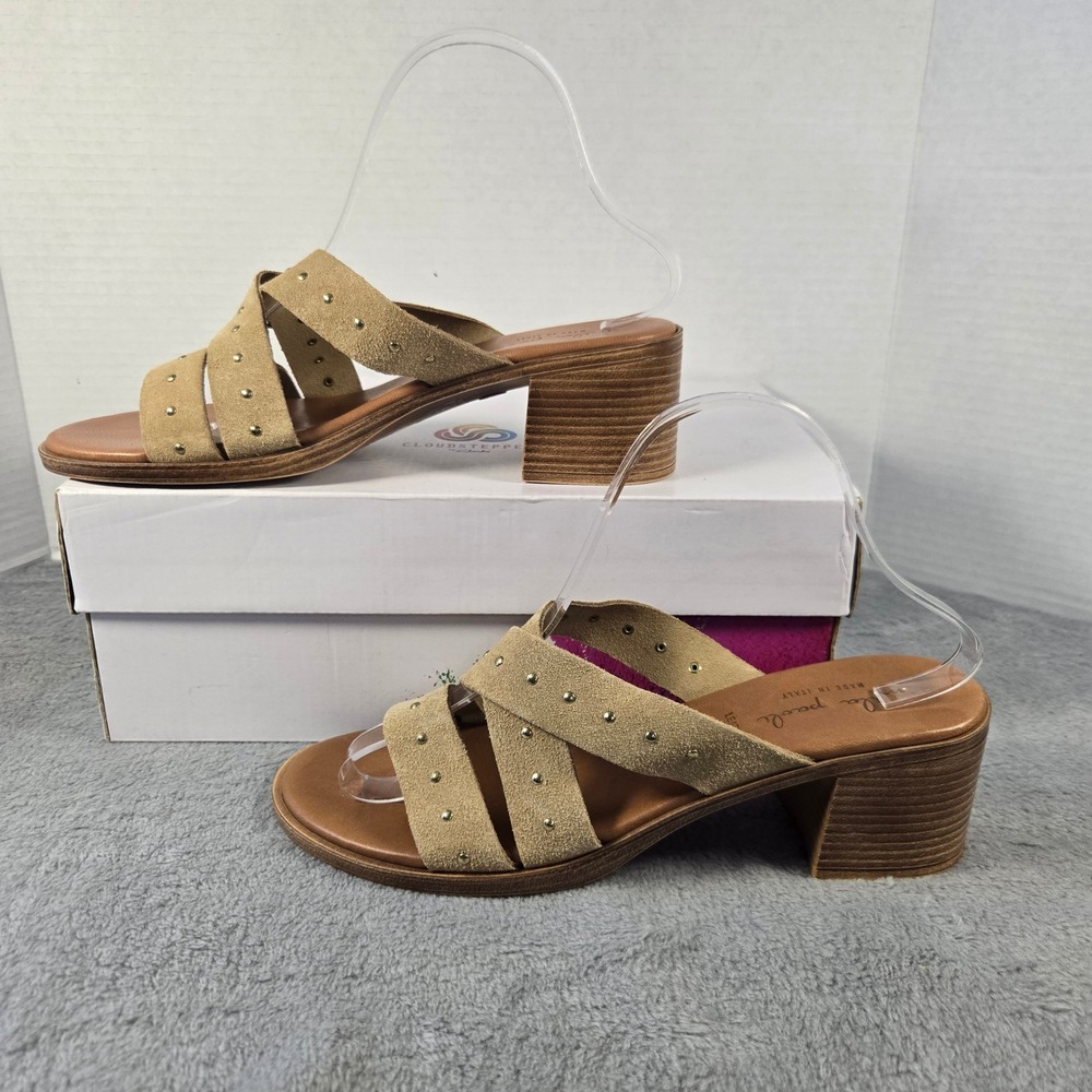 Mila Paoli Tan Suede Studded Block Heel Slide Sandals Made in Italy Size 40 8